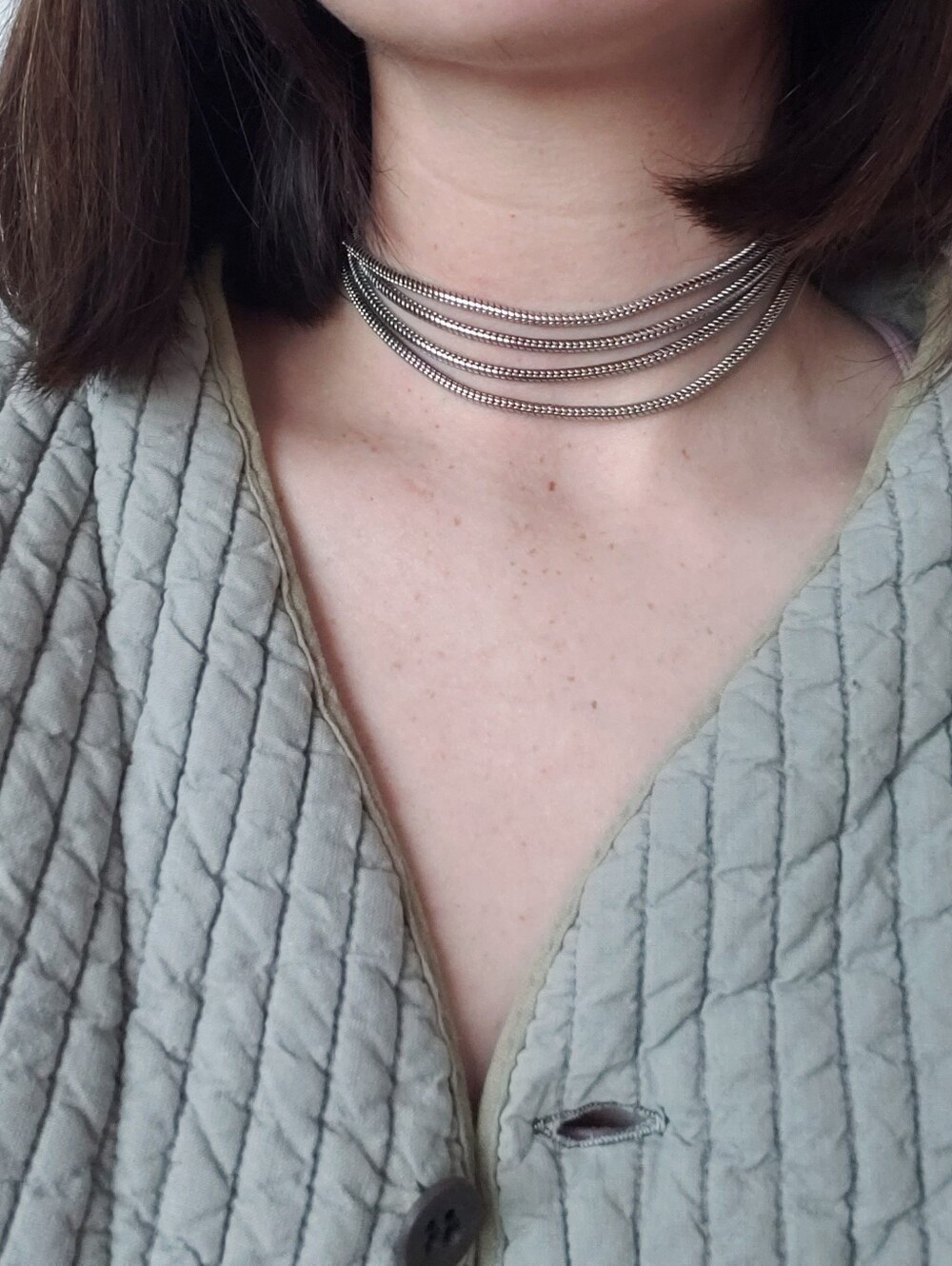 Multi-Strand Adjustable Silver Choker Necklace - 4 layer choker